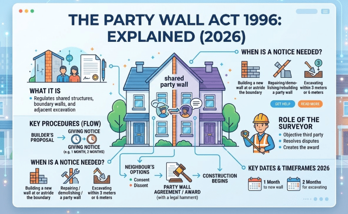 Infographic explaining the Party Wall Act 1996 showing a shared wall between two houses, when a party wall notice is needed, excavation 3 metre and 6 metre rules, key procedures, neighbour consent or dissent options, role of the party wall surveyor, and notice timeframes.