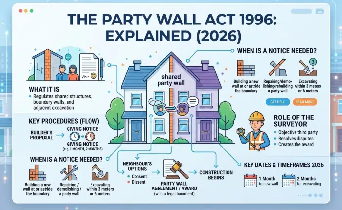 Party Wall Act 1996 Explained 2026: Essential London Homeowner Guide 16 Infographic explaining the Party Wall Act 1996 showing a shared wall between two houses, when a party wall notice is needed, excavation 3 metre and 6 metre rules, key procedures, neighbour consent or dissent options, role of the party wall surveyor, and notice timeframes.