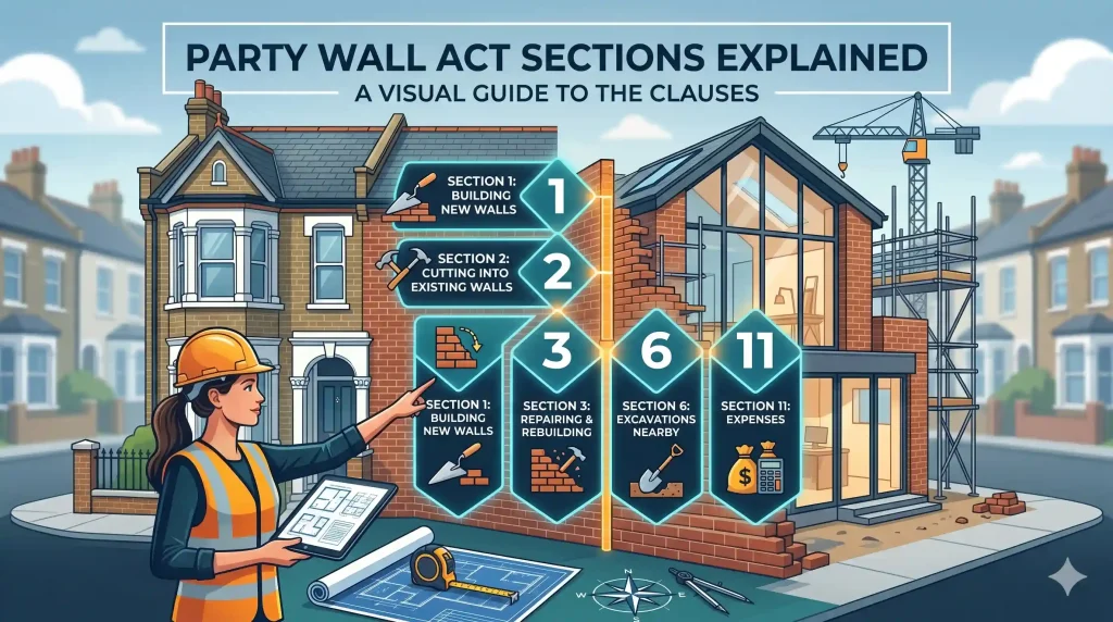 A comprehensive visual guide and infographic explaining key sections of the UK Party Wall Act. A female party wall surveyor points to illustrated panels defining Section 1 (Building New Walls), Section 2 (Cutting Into Existing Walls), Section 3 (Repairing & Rebuilding), Section 6 (Excavations Nearby), and Section 11 (Expenses). The image includes visuals of a traditional Victorian terrace house and a modern building under construction with scaffolding, plus blueprints and tools.