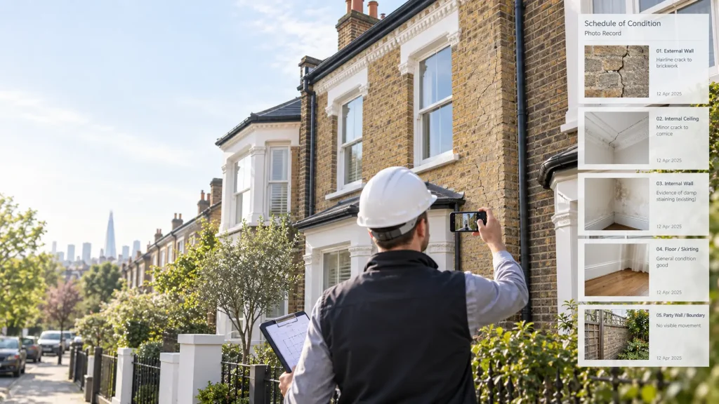 Surveyor photographing existing wall cracks for a party wall schedule of condition, London 2026
