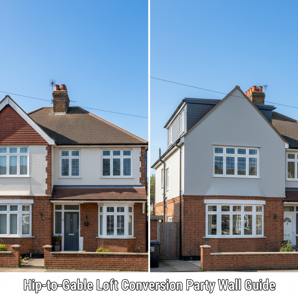 Hip-to-gable loft conversion before and after comparison showing semi-detached house transformation from hip roof to vertical gable end