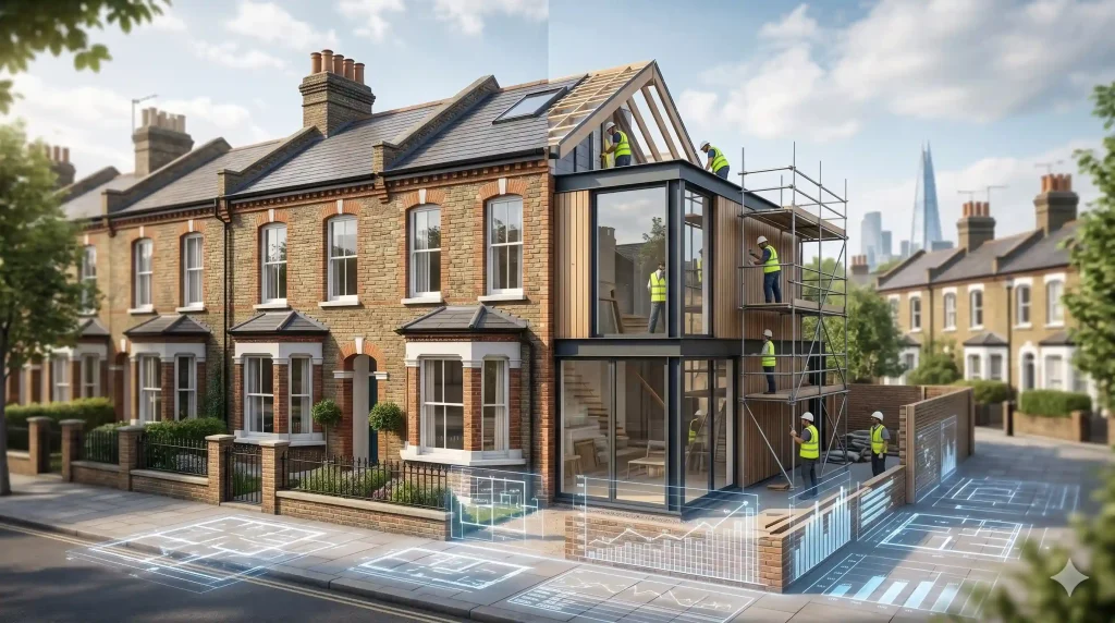 An architectural visualization of a party wall construction site in London. A Victorian house extension is shown with workers, scaffolding, and digital data graphs analyzing party wall surveyor costs and construction expense comparisons.