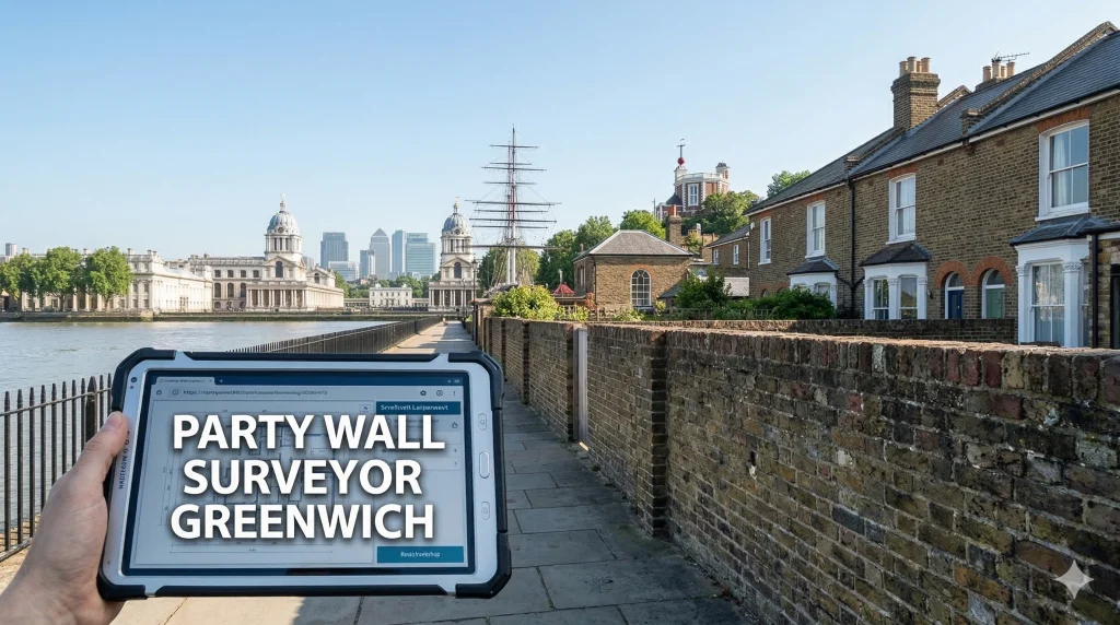"PARTY WALL SURVEYOR GREENWICH". In the background, a historic low brick wall runs parallel to the path. Beyond the wall and the River Thames, the twin domes of the Old Royal Naval College, the masts of the Cutty Sark ship, the Greenwich Observatory on the hill, and the Canary Wharf skyline are visible under a clear blue sky in bright morning sun.