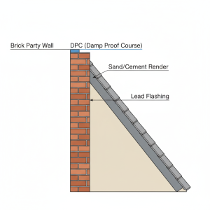Gable end weatherproofing detail showing DPC, render, and lead flashing installation on raised party wall