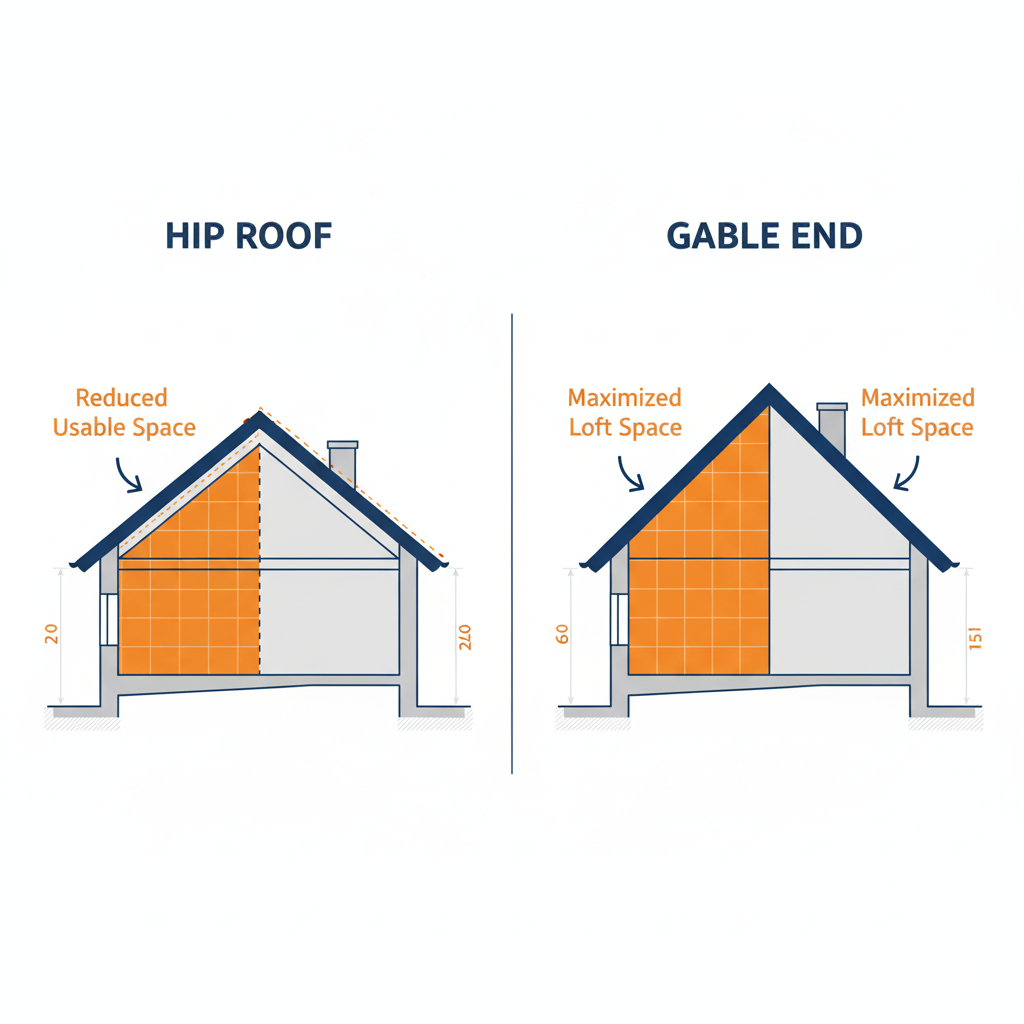 Hip roof vs gable end architectural diagram showing cross-section comparison of usable loft space in semi-detached house