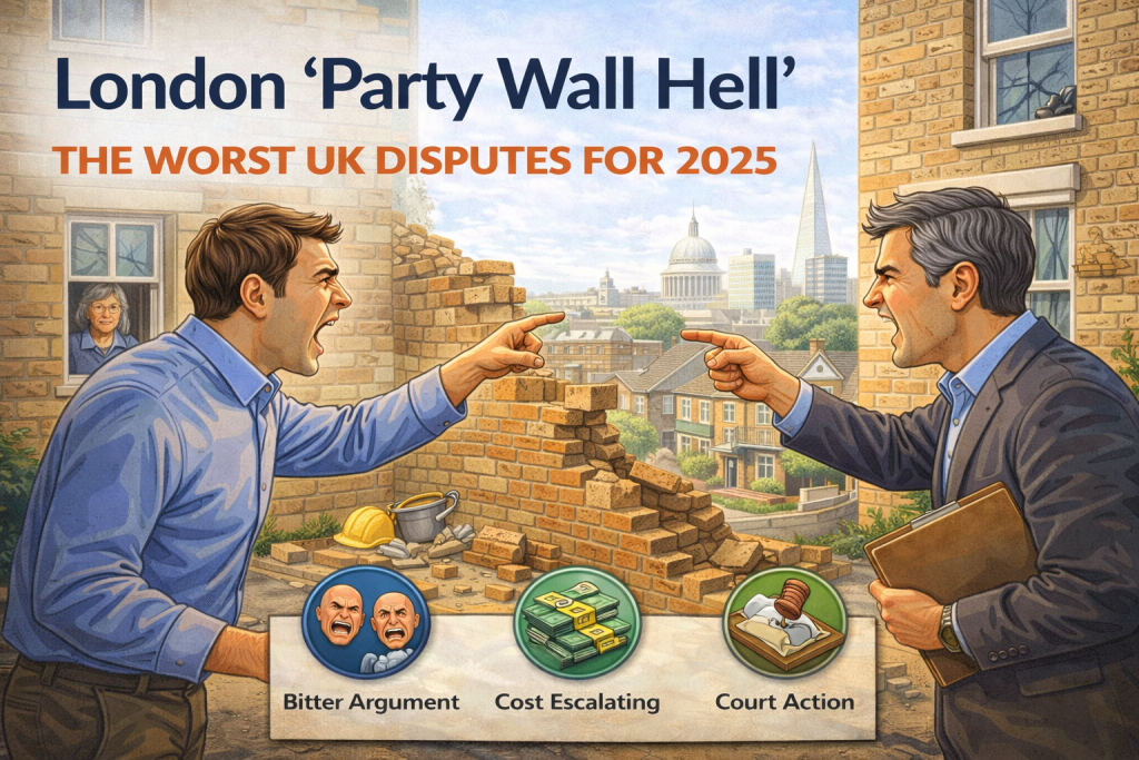 London Party Wall Hell: Why the Capital Faces Britain's Worst Neighbour Disputes in 2025 3 Two London neighbours arguing beside a damaged party wall, showing how disputes can escalate into higher costs and legal action in 2025.