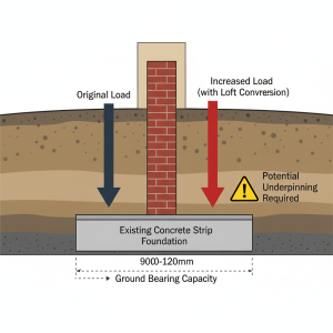 Party wall foundation capacity diagram showing load increase from hip-to-gable conversion on semi-detached house