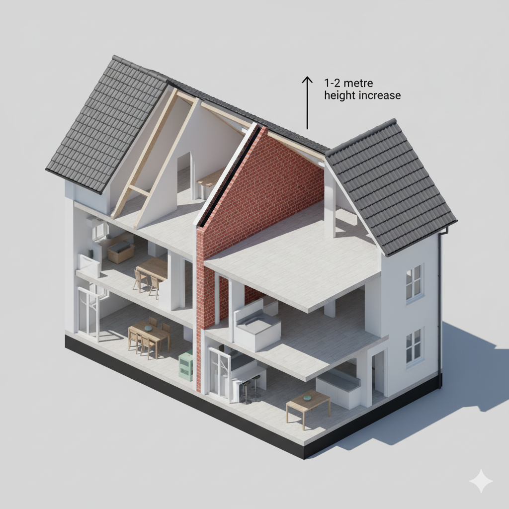 Party wall structure in semi-detached houses showing 1-2 metre height increase required for hip-to-gable loft conversion