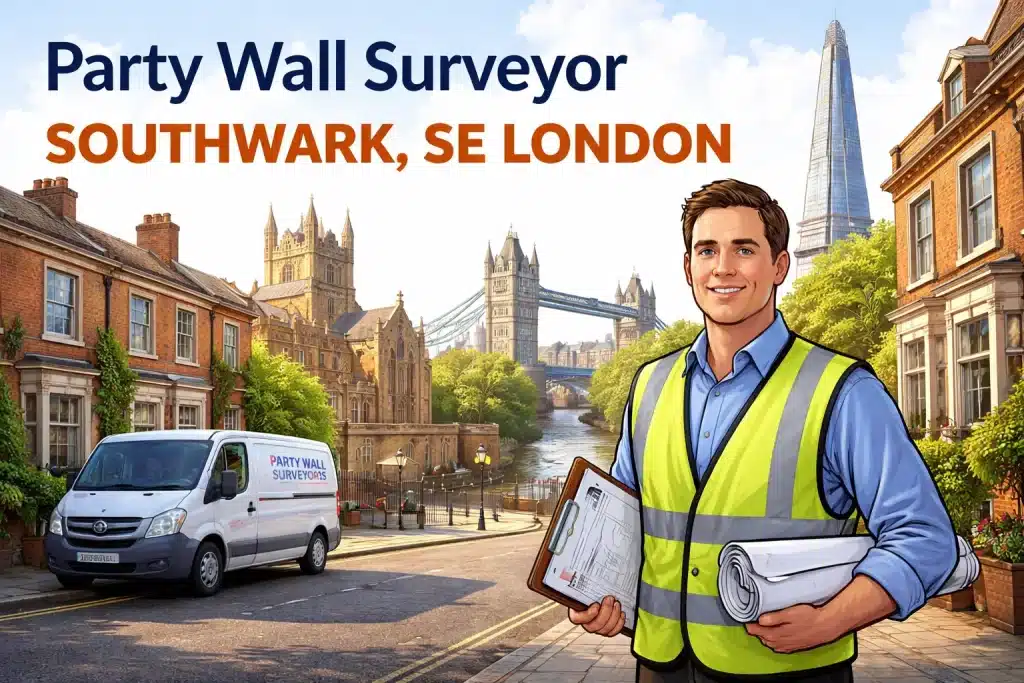 Party wall surveyor in Southwark, SE London, standing on a residential street with local skyline landmarks in the background.