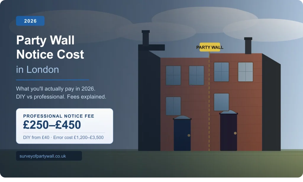 Survey of Party Wall's London party wall notice cost guide. Two Victorian semi-detached terraced houses in London with the shared party wall boundary marked. Left panel displays the 2026 professional party wall notice fee range of £250 to £450, alongside a note that DIY notice service starts from £40 but errors can cost £1,200 to £3,500 in delays.