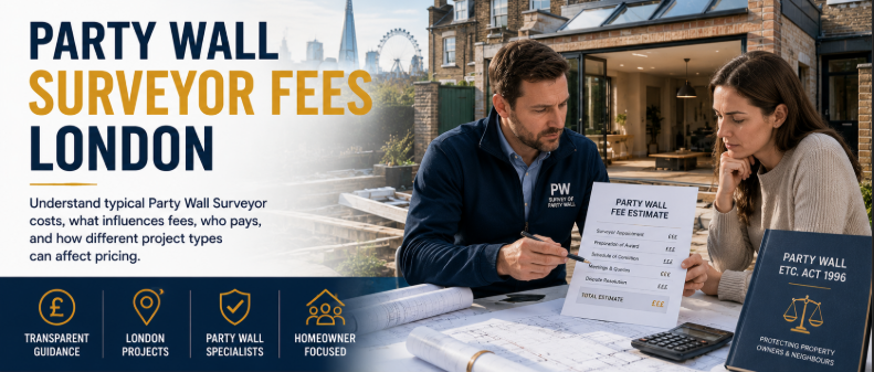 The design communicates Party Wall Surveyor pricing, homeowner budgeting considerations, construction planning, and legal compliance under the Party Wall etc. Act 1996. Suitable for guides about Party Wall costs, surveyor fees, extensions, loft conversions, and London property projects.