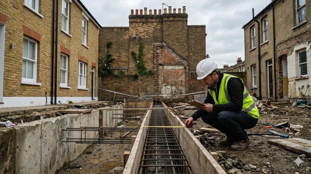 Party wall surveyor inspecting reinforced foundation trench at London property boundary for special foundations assessment