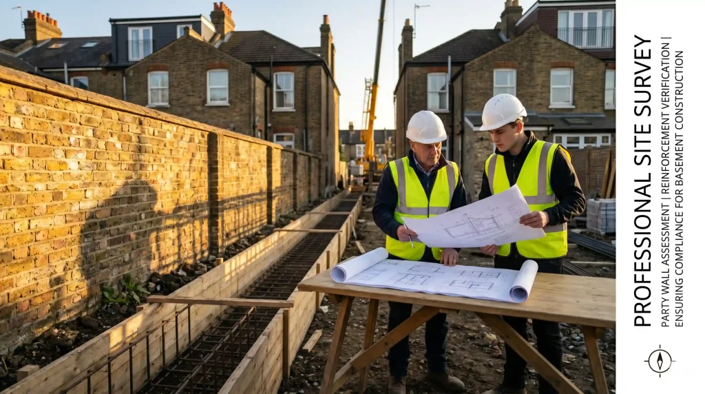 Party wall surveyors reviewing special foundations plans and Section 7(4) consent requirements at London construction site