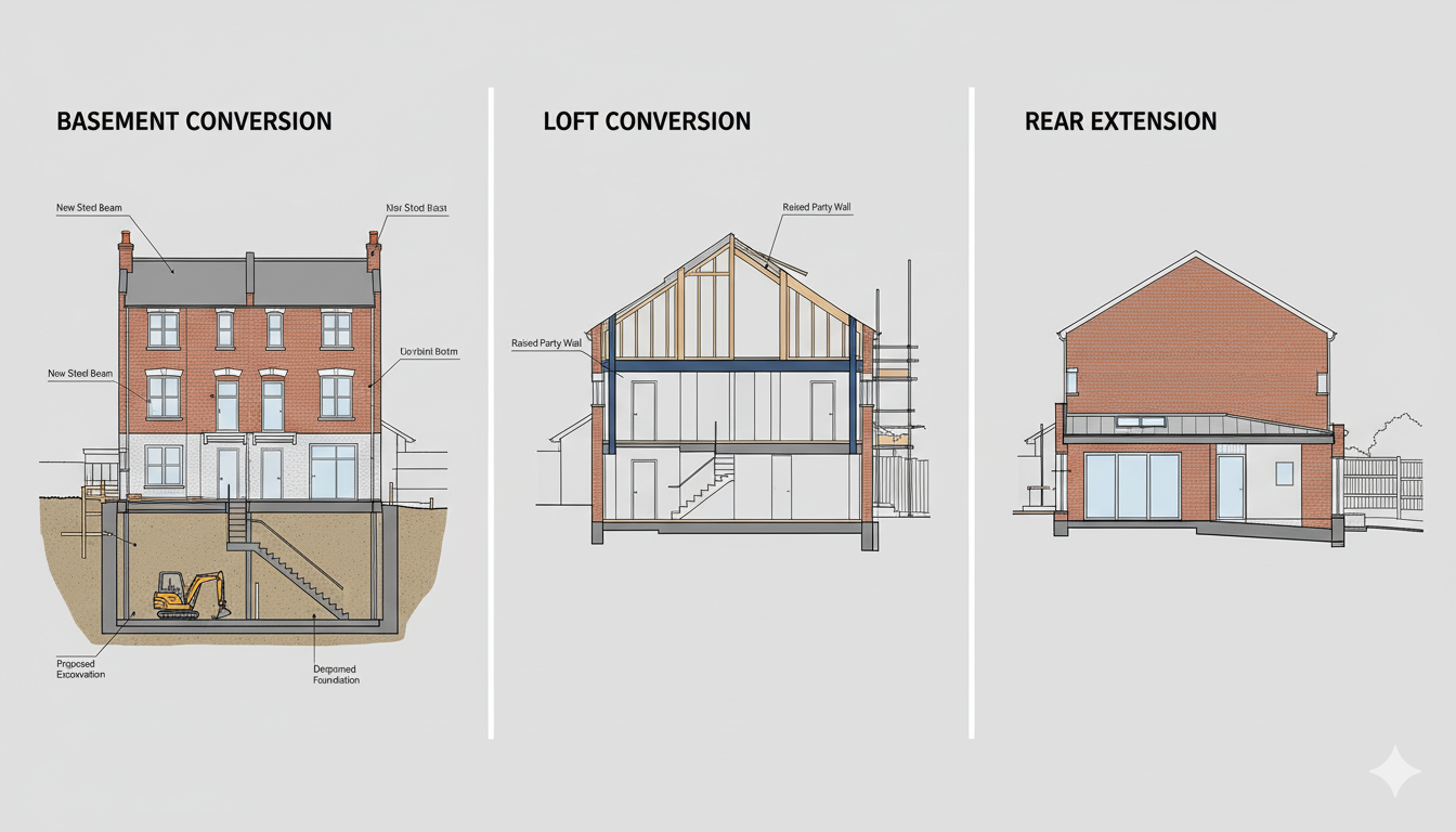 Why London Has More Party Wall Issues Than Rest of UK: The Data Behind the Capital's Property Challenges 7 Illustration showing three common London development types: basement, loft conversion, and extension