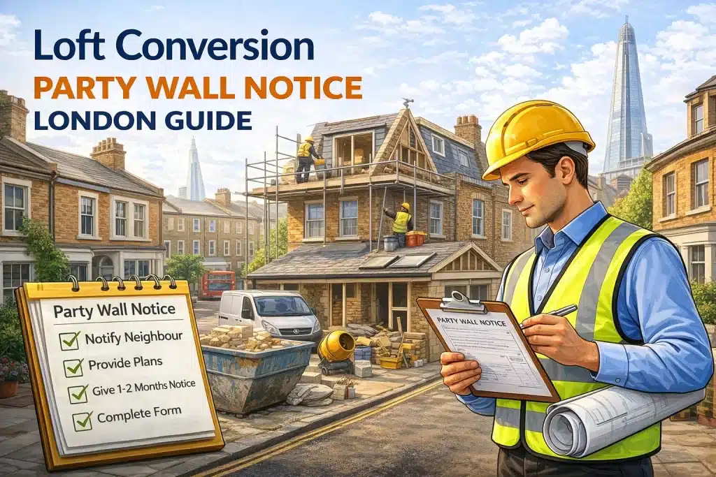 Loft Conversion Party Wall Notice: Complete London Guide 3 Cross-section diagram showing Victorian terrace loft conversion with steel beams bearing into party walls requiring Party Wall Act notices