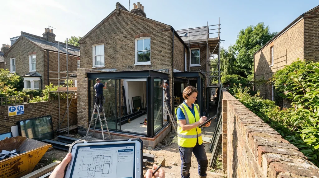 Modern London home extension under construction showing a new rear brick wall and structural steel beams next to a shared party wall boundary, illustrating the Party Wall etc. Act 1996 compliance.