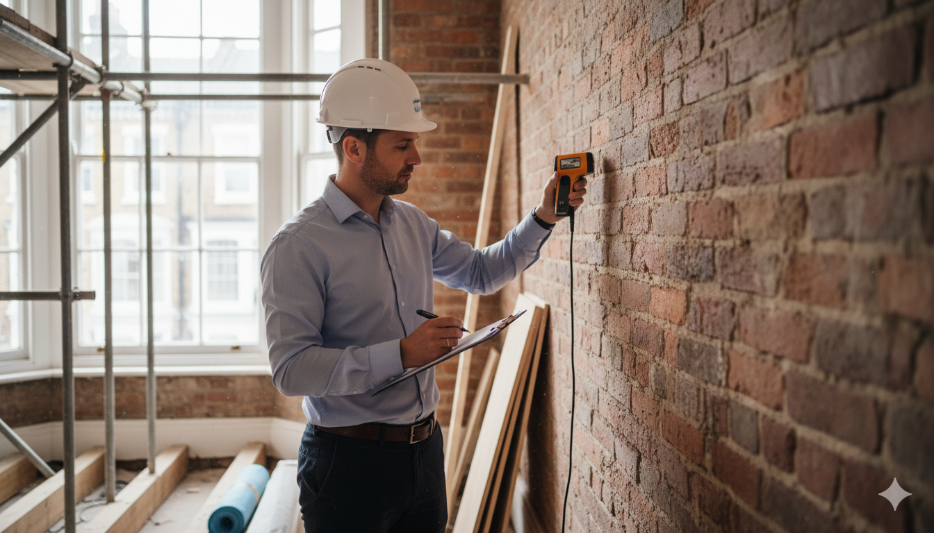 Why London Has More Party Wall Issues Than Rest of UK: The Data Behind the Capital's Property Challenges 8 Professional party wall surveyor inspecting shared wall in London terraced house