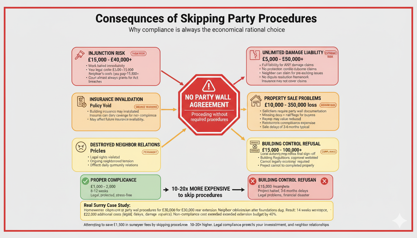 Warning infographic showing six serious consequences of not obtaining party wall agreements for UK home extensions including injunctions, liability, and costs