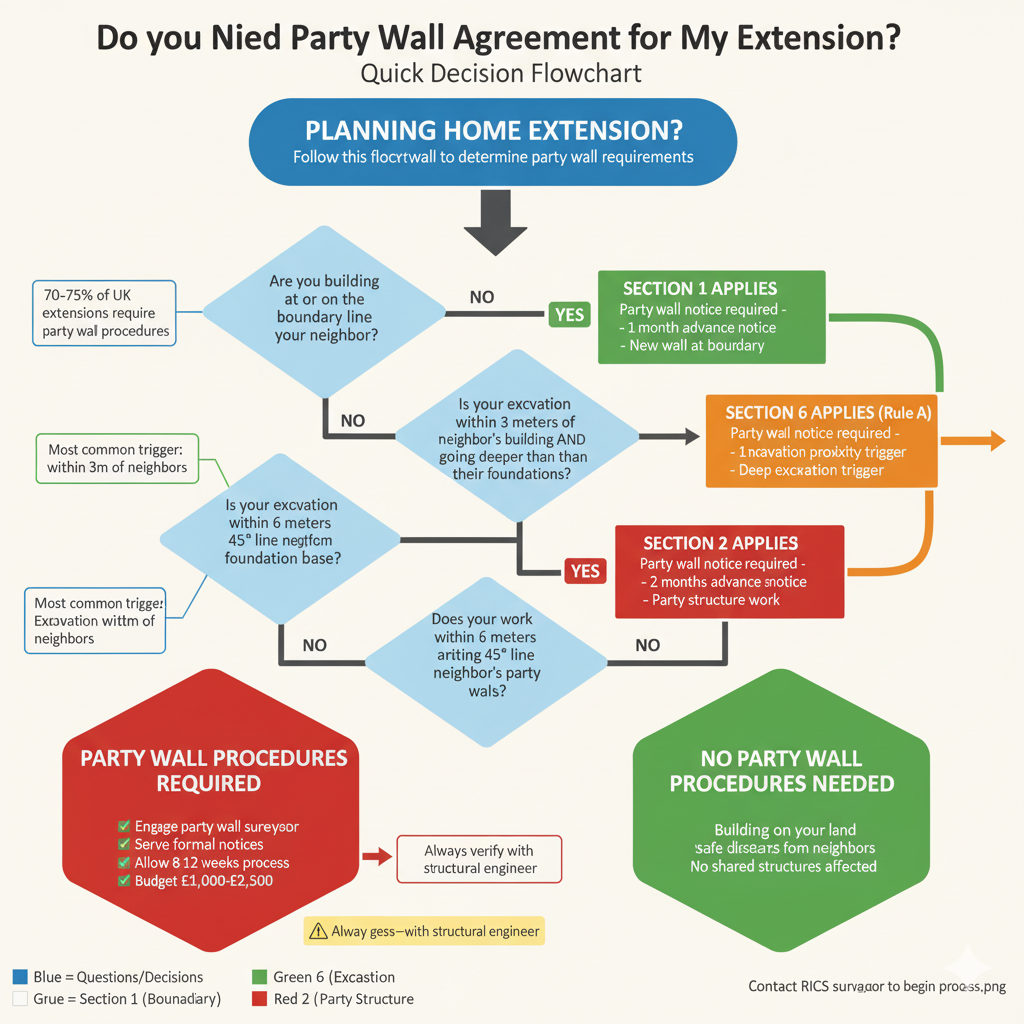 Decision flowchart showing when UK home extensions require party wall agreements based on boundary distance and excavation depth