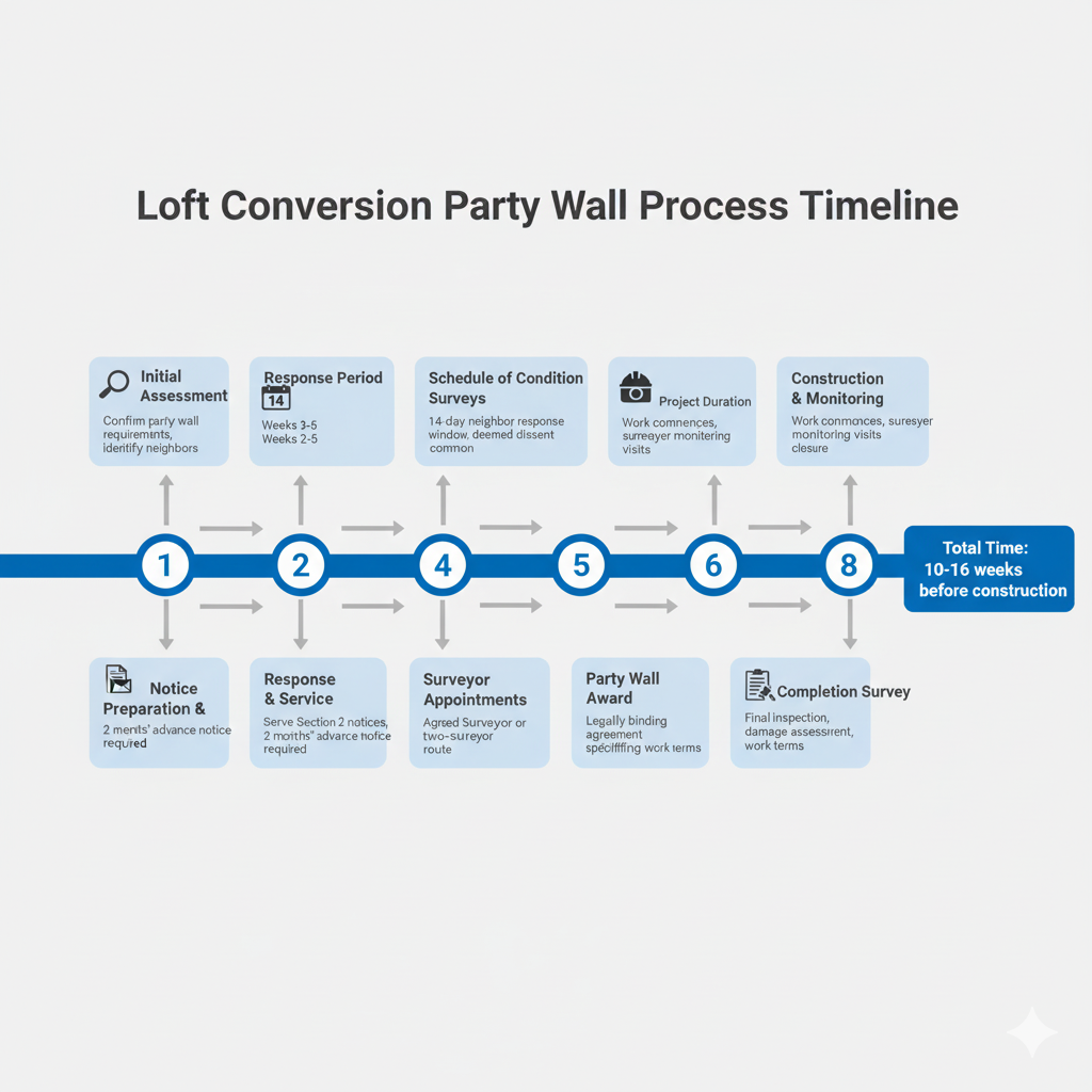 Timeline infographic showing 8-step loft conversion party wall process from initial assessment to completion taking 10-16 weeks