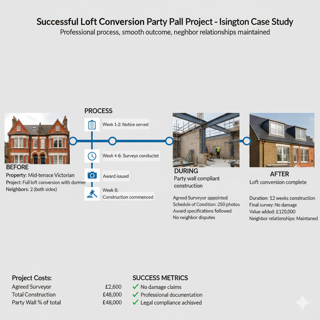 Before and after case study showing successful Victorian terrace loft conversion in Islington with complete party wall compliance