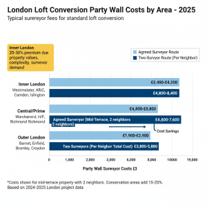 Bar chart comparing loft conversion party wall surveyor costs across Inner, Central, and Outer London showing 2025 fees