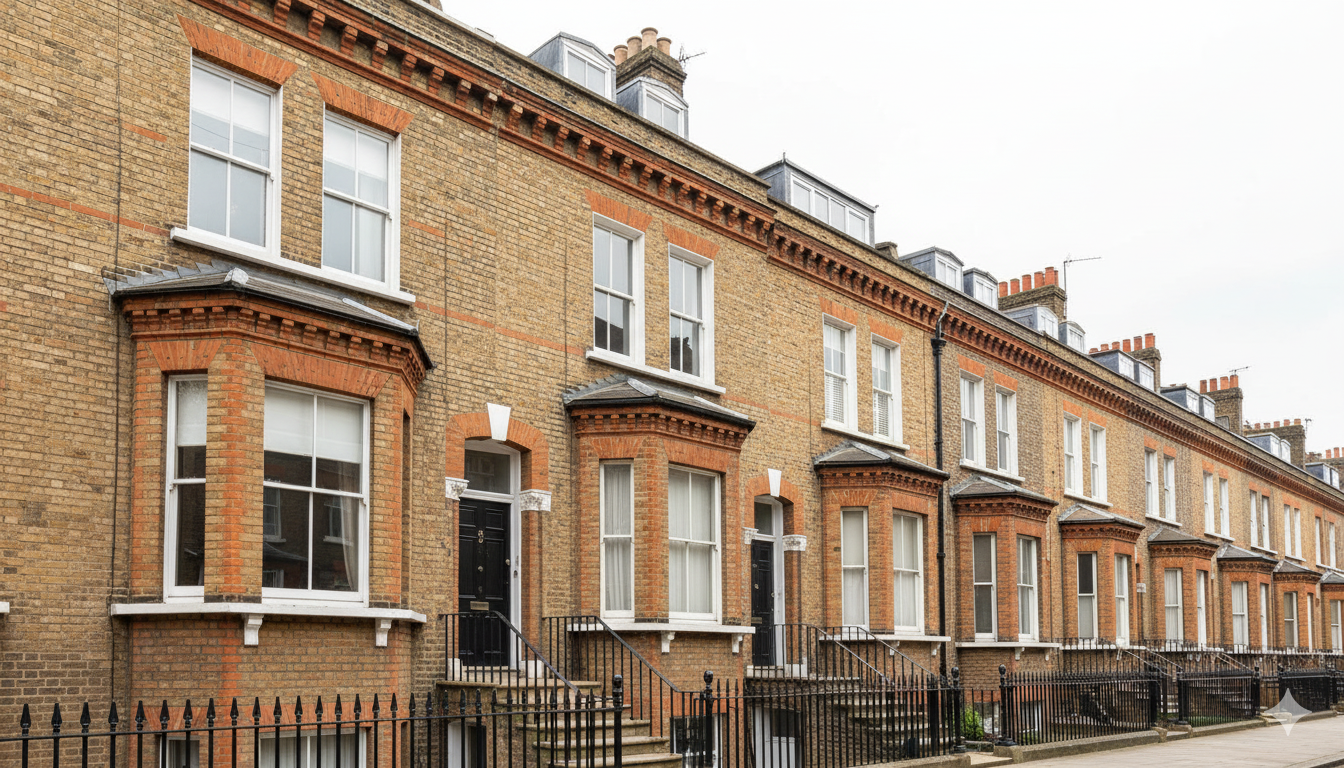 Row of connected London Victorian terraced houses showing shared party wall structures between neighboring properties