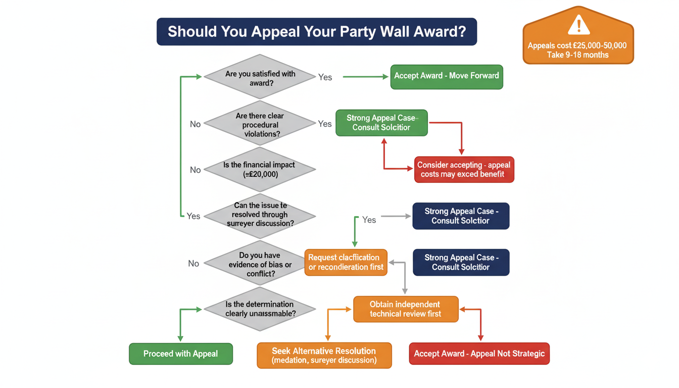 Decision flowchart assessing whether to appeal party wall award based on procedural violations, financial impact, and strategic considerations