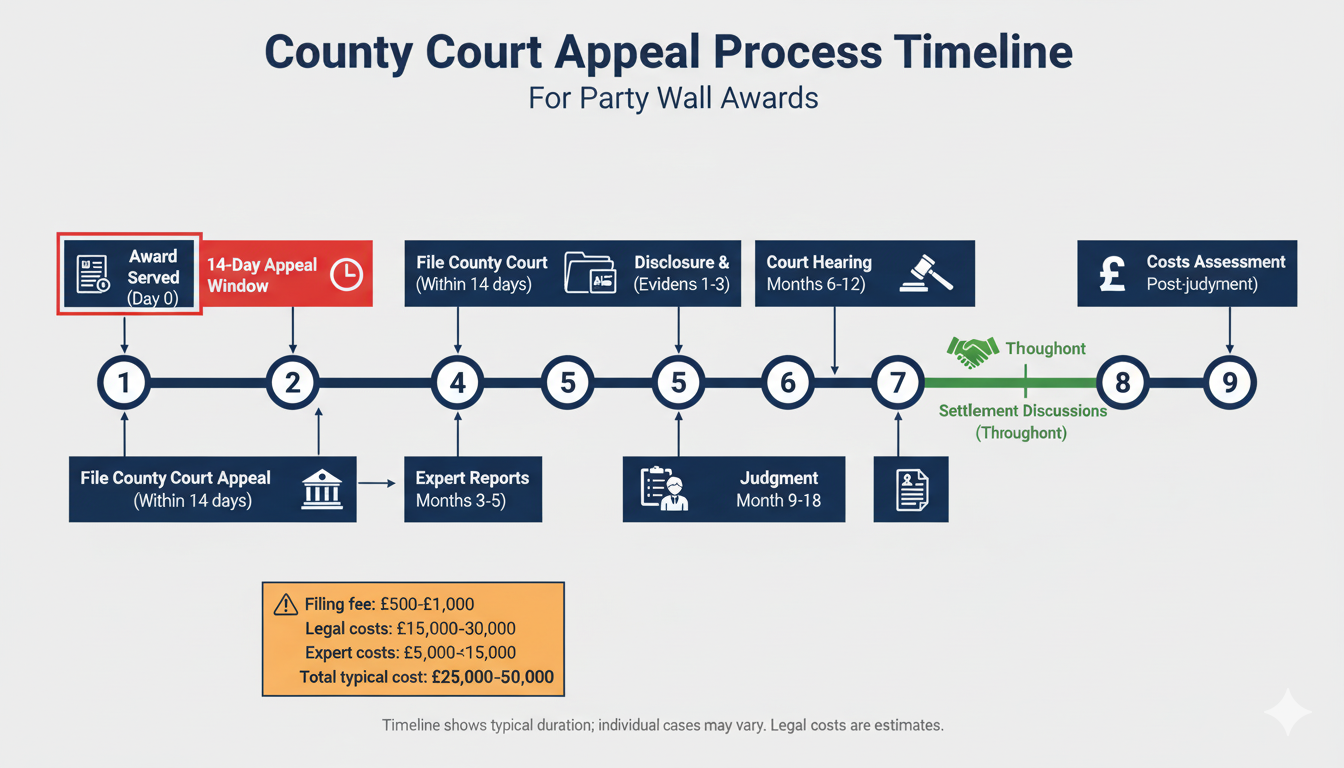 Timeline showing county court appeal process for party wall awards with 14-day filing deadline and typical costs ranging £25,000-£50,000