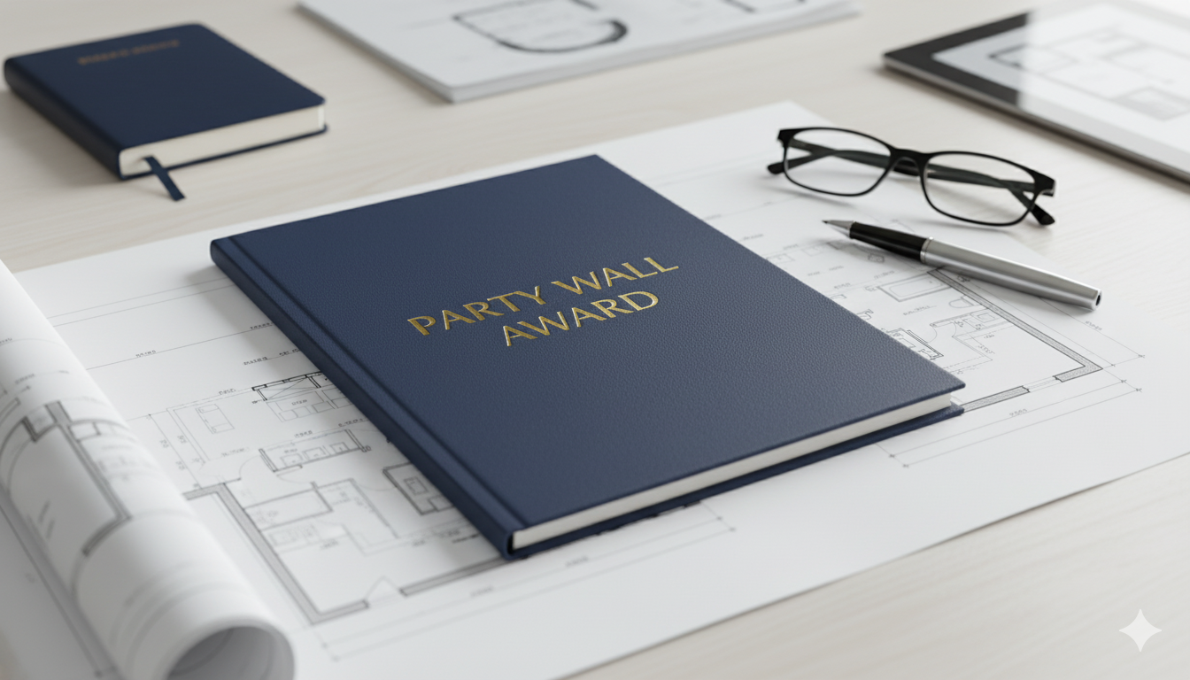 Professional party wall award documentation, architectural plans, and legal documents arranged on surveyor's desk