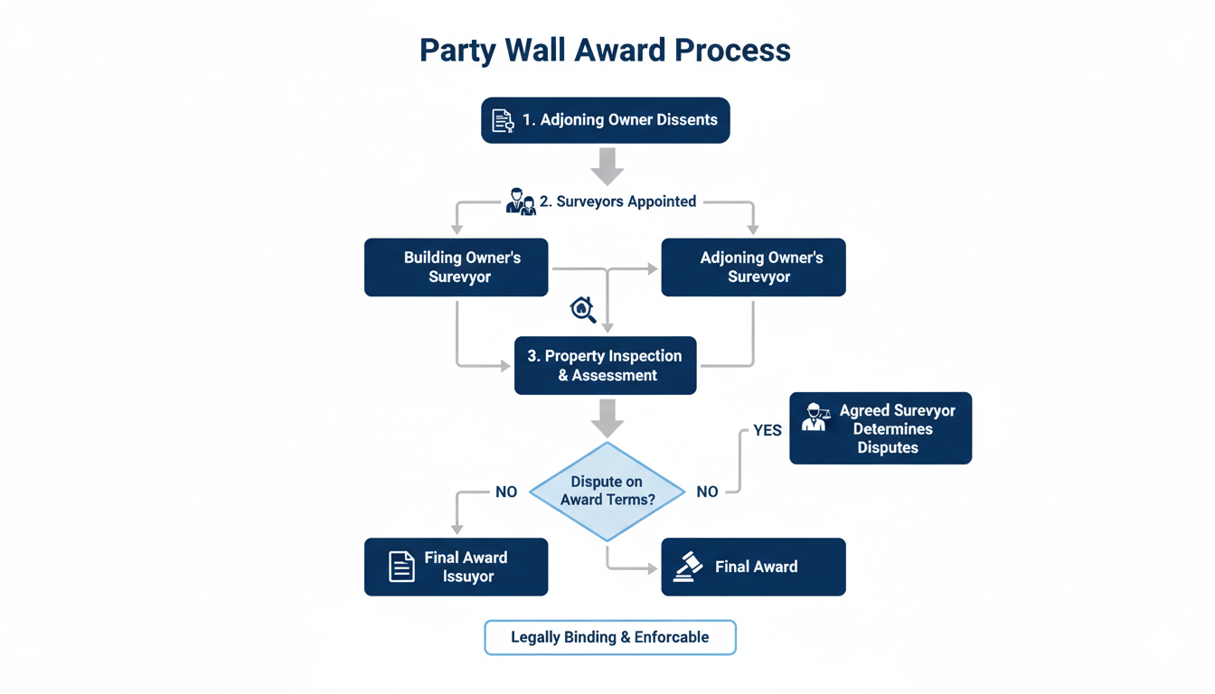 Step-by-step flowchart showing party wall award process from surveyor appointment through final award issuance