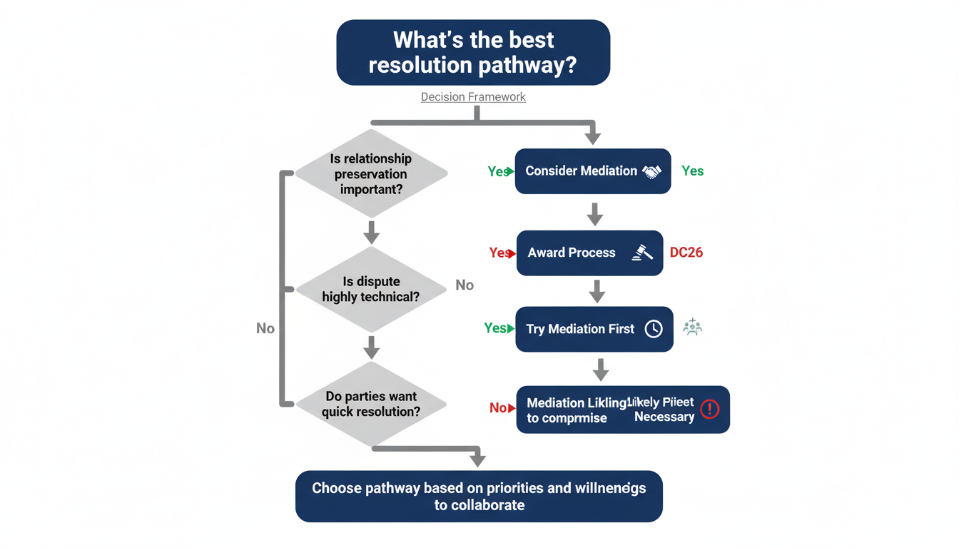 Decision tree diagram helping London property owners choose between party wall mediation and award process based on key factors