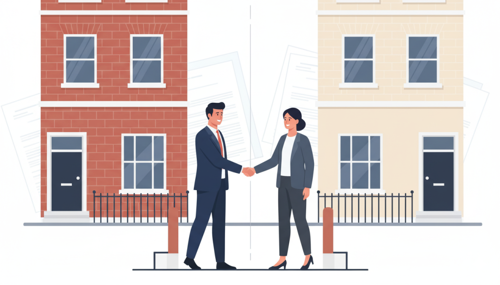 Two property owners reaching agreement through professional party wall dispute resolution with London terraced houses in background