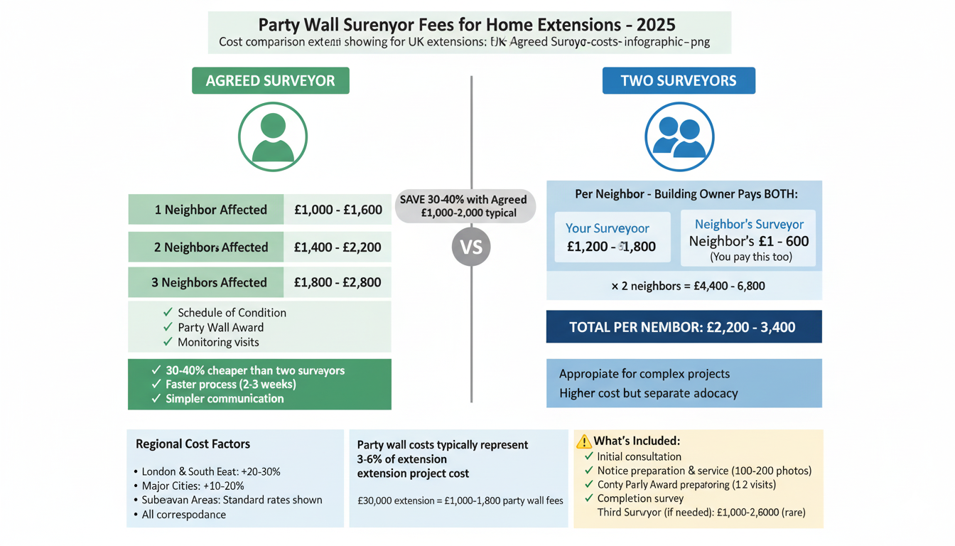 Cost comparison infographic showing party wall surveyor fees for UK extensions: Agreed Surveyor £1,000-£2,800 vs Two Surveyors £2,200-£6,800