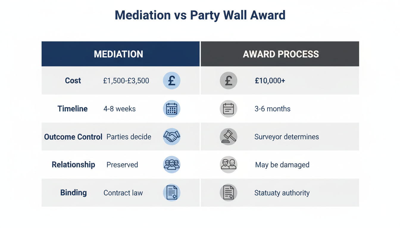 Comprehensive comparison chart showing costs, timelines, and key differences between party wall mediation and award process