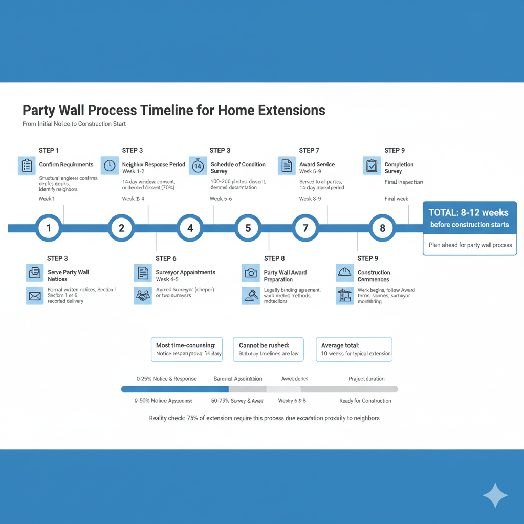 Timeline infographic showing 9-step party wall process for home extensions taking 8-12 weeks from notice to construction
