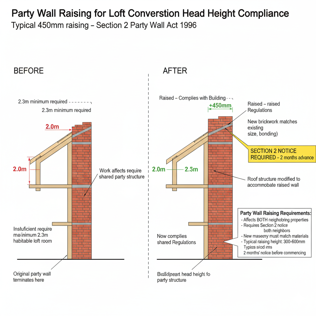 Architectural diagram showing party wall raising by 450mm to achieve Building Regulations head height for loft conversion