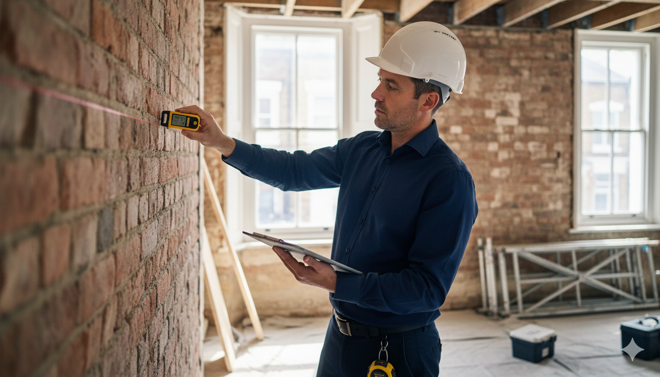 Professional party wall surveyor conducting detailed property inspection and condition documentation in Victorian London terrace