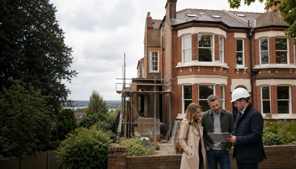 Party wall surveyor advising homeowners beside adjoining Victorian properties in Richmond upon Thames