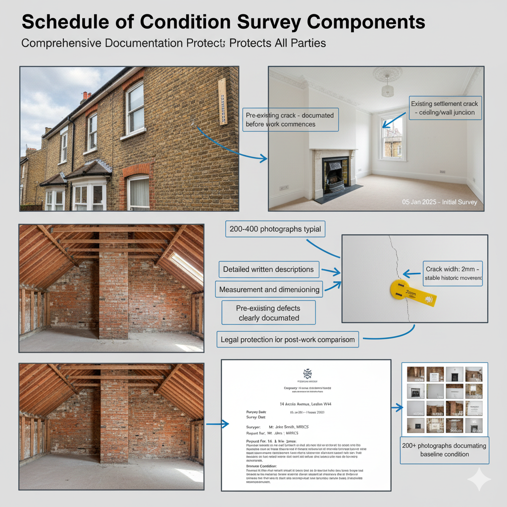 Example Schedule of Condition survey documentation showing photographs and written reports documenting property condition before loft conversion