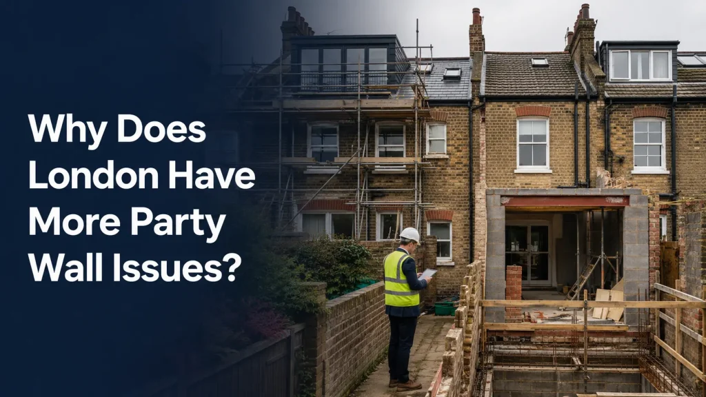 Party wall surveyor inspecting extension and loft works between adjoining London terraced houses