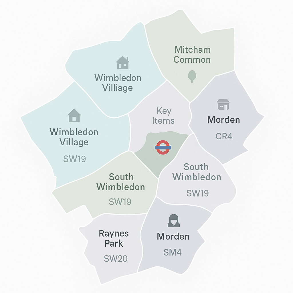 Create a simplified map of Merton borough showing major neighborhoods Wimbledon, Wimbledon Village, Mitcham