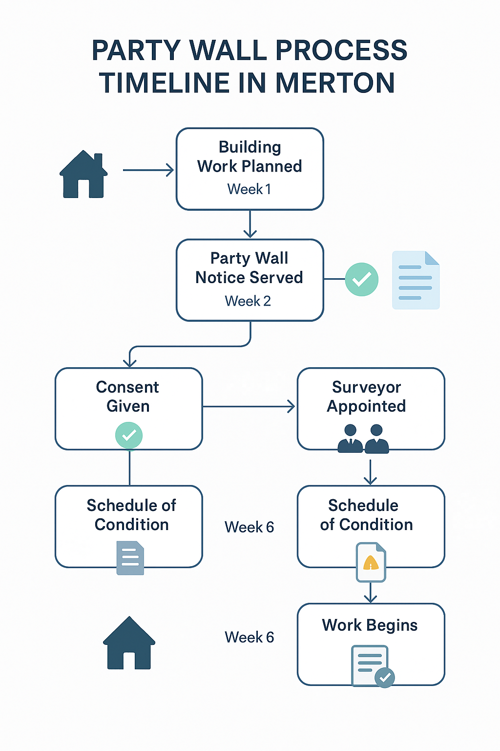 Create an infographic flowchart showing the party wall process timeline in Merton