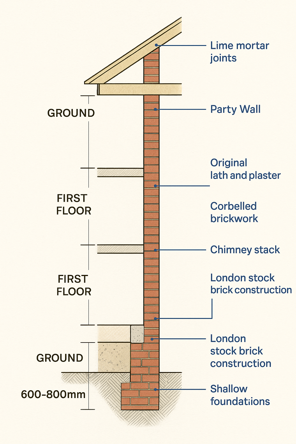 Cross-section diagram of Victorian terraced party wall showing half-brick construction in loft, one-brick wall at first floor, lime mortar joints, and original shallow foundations typical of 1880s London terraced houses