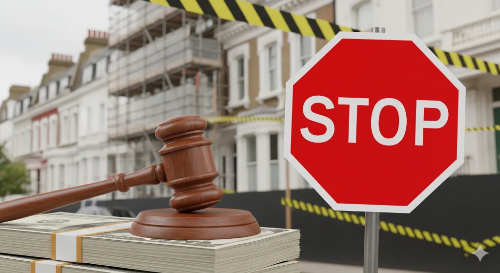 Legal consequences of ignoring the Party Wall Act in London, showing a court injunction stop sign, a legal gavel, and expensive bills against a halted construction project on a Victorian terrace.