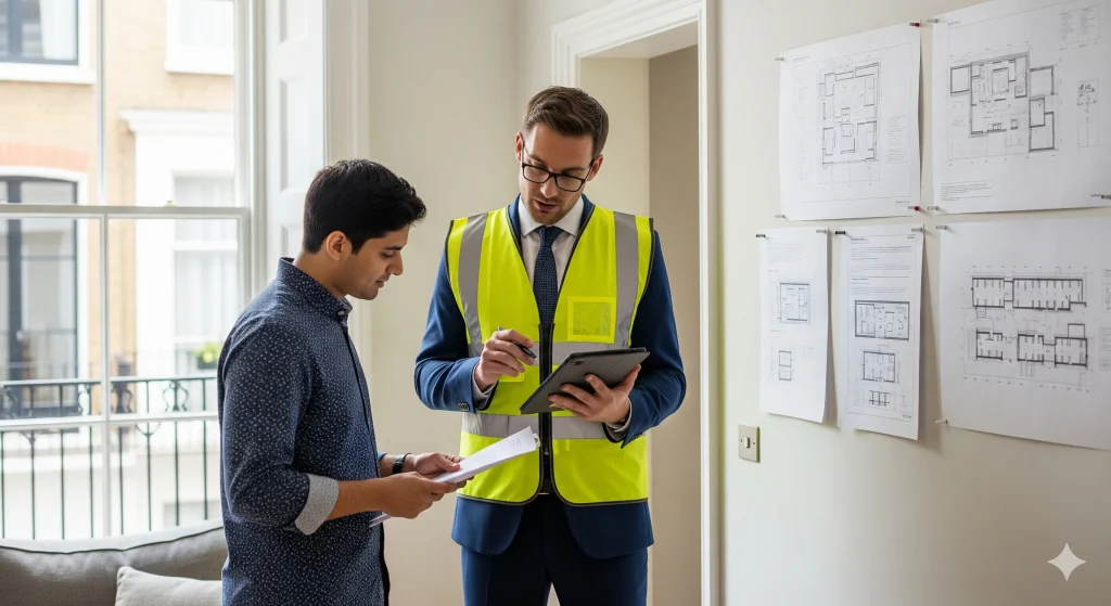 Tenant Party Wall Notice Requirements: London Surveyor's Guide | Do Tenants Need to Sign? 1 Professional London party wall surveyor explaining a legal notice to a tenant in a residential property, illustrating rights and requirements under the Party Wall etc. Act 1996.