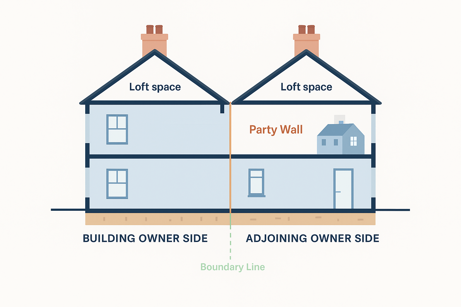 Merton with a shared party wall. Label key elements