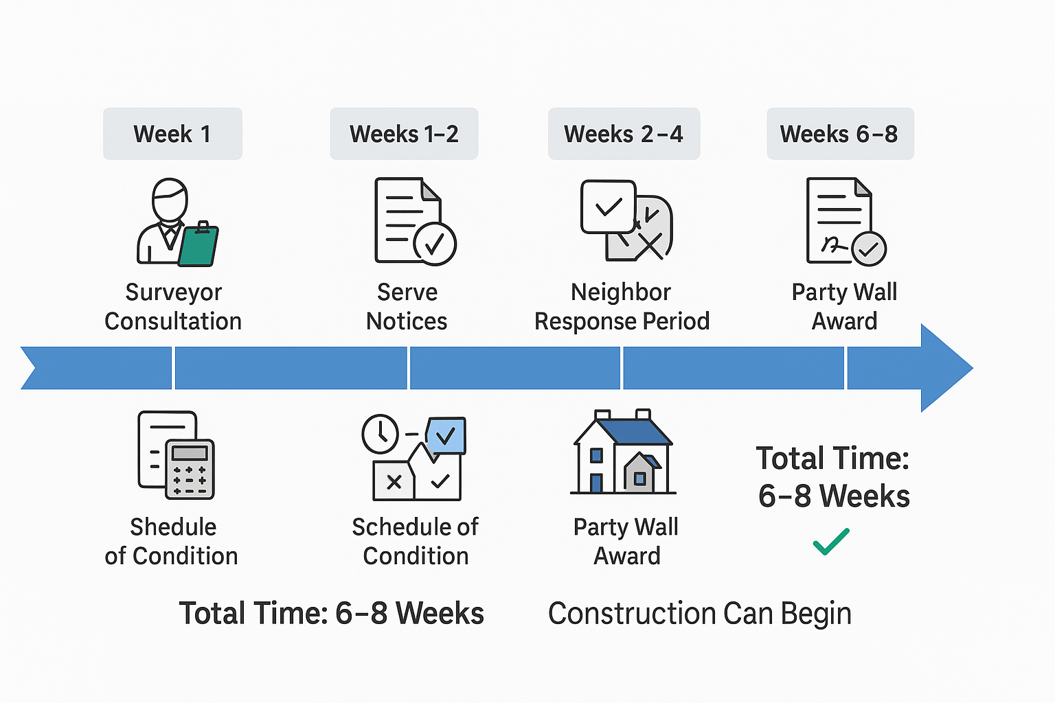 Timeline infographic showing party wall agreement process for extensions from initial surveyor consultation through final award, with typical durations of 6-8 weeks total before construction can begin