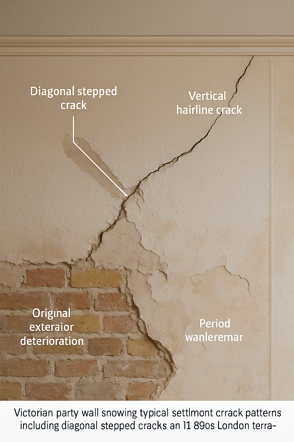 Victorian party wall showing typical settlement crack patterns including diagonal stepped crack following mortar joints, vertical crack at first floor level, and historic lime mortar weathering in 1890s London terraced house
