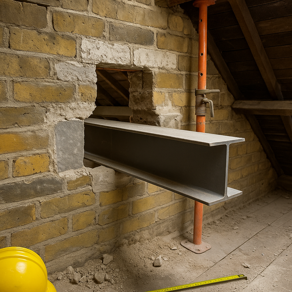 Victorian terraced house party wall loft conversion showing steel beam installation through original half-brick party wall with temporary propping, padstone detail, and lime mortar making good in 1880s London property